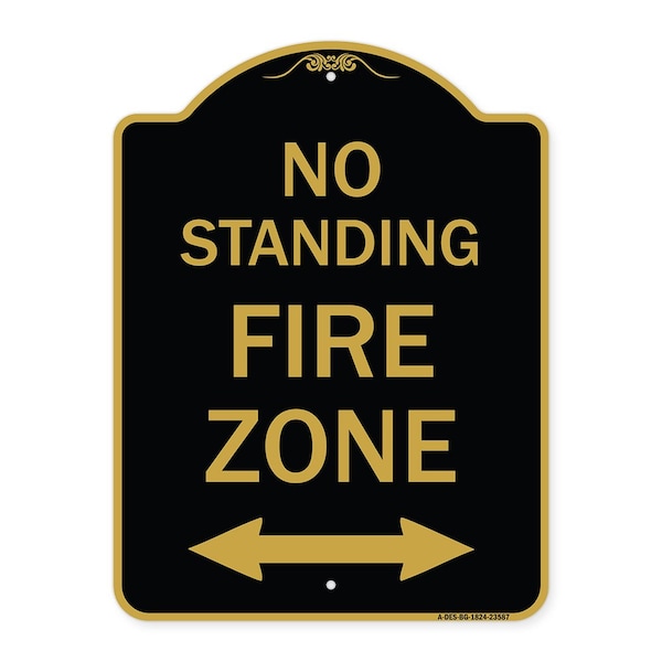 No Standing Fire Zone W/ Bidirectional Arrow, Black & Gold Aluminum Sign, 18" x 24", BG-1824-23587